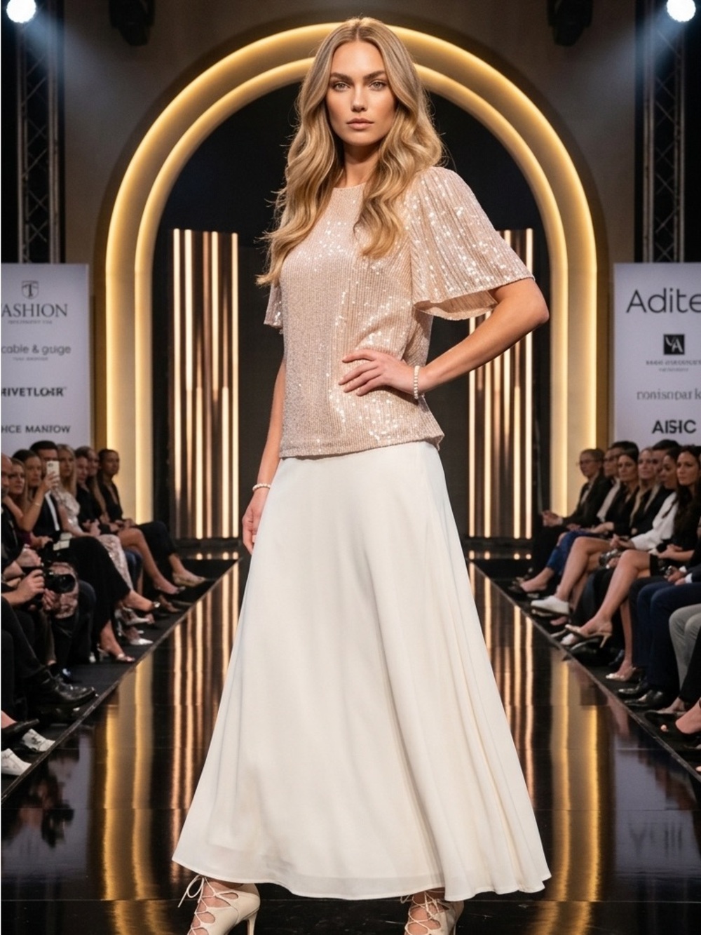 Cable & Gauge Sequin Top with Cream Maxi Skirt
